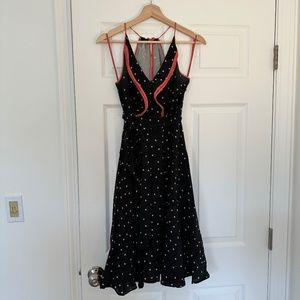 Navy Blue & White Polka Dot Silk Dress Pink Trim